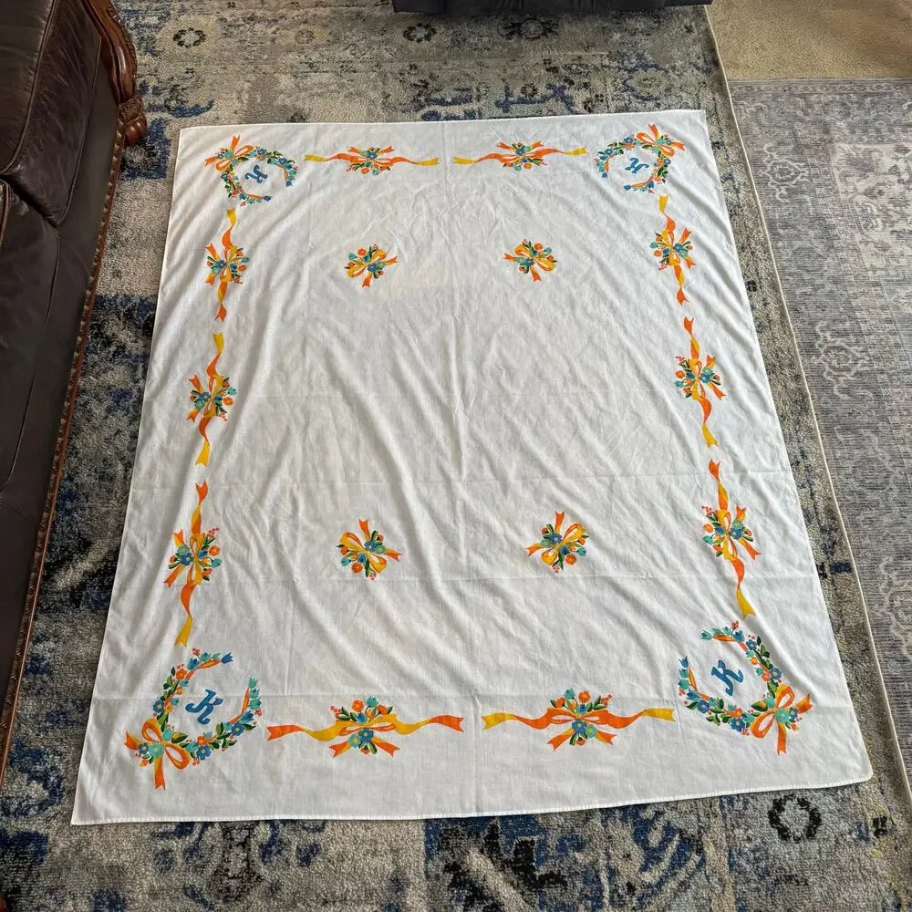 Fabric Painted Floral Tablecloth Monogram K Yellow Orange Cottage Core 54x68